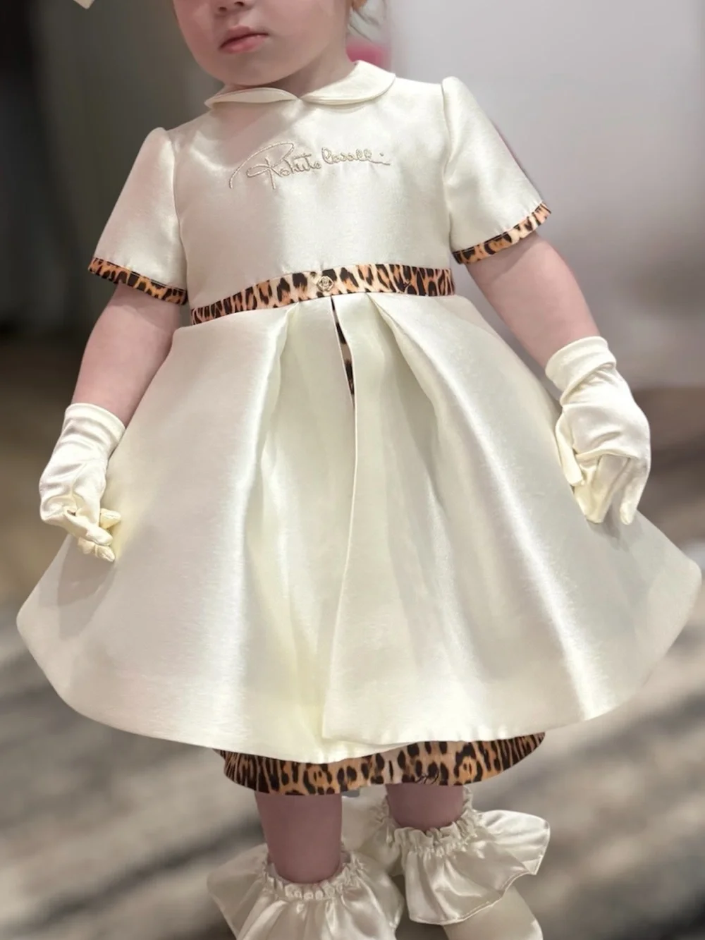 Roberto Cavalli Cream silk Dress with Leopard Trim ONLY 1 left
